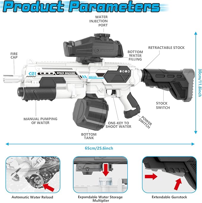Electric Water Gun with 1350CC Large Capacity, 32FT Long Range Auto Suction Water Guns for Adults, Squirt Gun Water Blasters for Kids Adults Beach Pool Outdoor Party Water Toys Gift White
