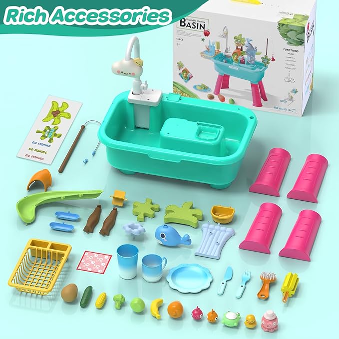 Kitchen Play Sink Toys with Running Water for Kid,4-in-1 Electric Water Table Toy with Animals, Food, Tableware Accessories,Color Changing Pretend Role Birthday Toy for Boy and Girl