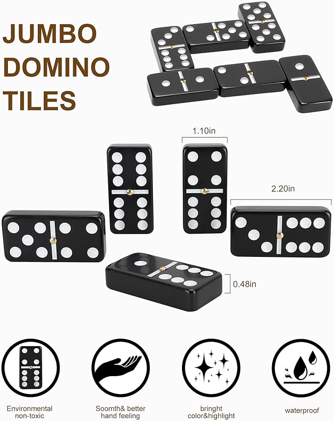 KAILE Double 6 Jumbo Dominoes 28 Tiles Classic Board Games for Kids and Adults with 4 Racks and Bag (Black)