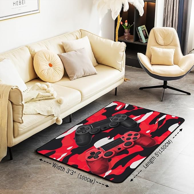 Games Rug Gamepad Area Rug 3x5 for Boys, Kids Video Games Carpet for Bedside, Modern Gamer Console Action Buttons Carpet for Playroom, Fashion Teens Red Black Camouflage Washable Accent Rug