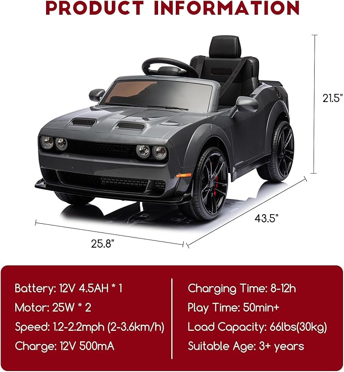 Kids Electric Car | Licensed Dodge Challenger Ride-On 12V Battery-Powered Vehicle with Remote, LED Lights, Bluetooth, MP3 for Boys and Girls, Grey