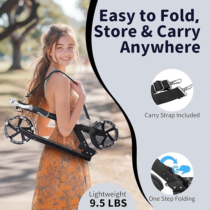 BELEEV V8 Scooters for Kids Ages 6+ with Light-Up Deck, 2 Wheel Folding Scooter for Adults Teens, 4 Adjustable Height, Lightweight Sport Commuter Scooter, Sturdy Frame, Max Load 220 lbs