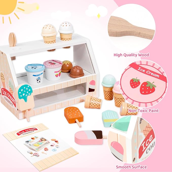 Wooden Ice Cream Toys for Toddlers 3-5 Kids Play Store Pretend Food Kitchen Accessories with Scoop & Menu & Toy Cash, Wooden Ice Cream Counter Shop Playset for 3 4 5 Year Old Birthday
