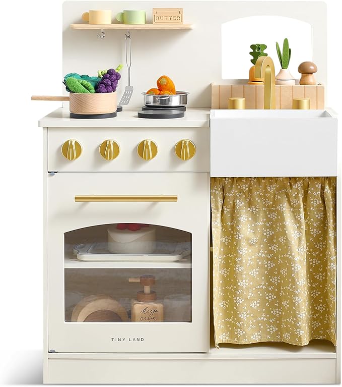 Tiny Land Play Kitchen, Kids Kitchen Playset, Toddler Kitchen with Cutting Food Set, Wooden Kitchen Sets for Kids, Best Gift for Girls and Boys
