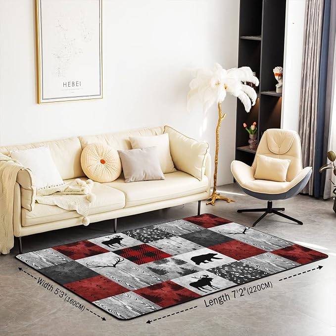 Erosebridal Lodge Deer Area Rug 5x7, Burgundy Buffalo Plaid Check Rug for Kids Boys Girls, Bear Elk Antler Wild Hunting Animal Carpet for Bedside, Merry Christmas Decorative Rug