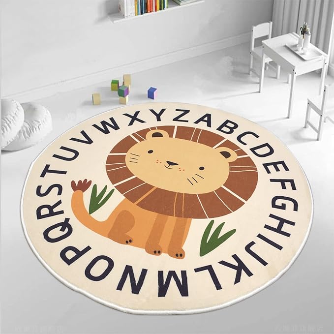 Kid Rugs Animal Play Rug 4Ft Large Round Lion Play Mat Soft Alphabet Educational Area Rug Nonslip Circle Baby Crawling Mat for Boys Girls Carpet for Kids Playroom Nursery, Sitting