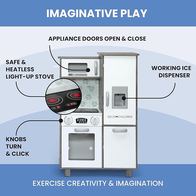 Delta Children Gourmet All-in-One Corner Play Kitchen - Toy Kitchen Playset with Safe & Heatless Stove with Lights, Oven, Sink, Fridge/Freezer with Ice Maker and 20 Accessories, Natural/White