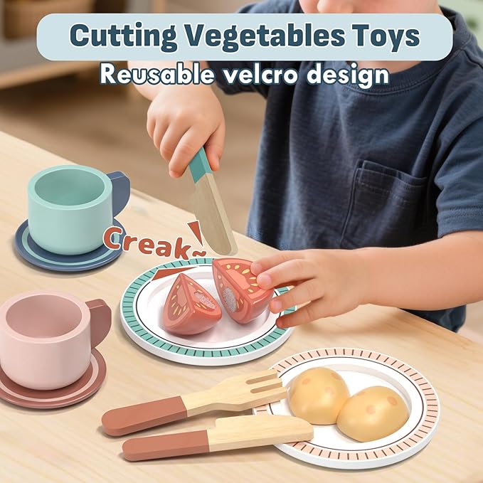 Lehoo Castle Wooden Play Kitchen Accessories, Play Pots and Pans Sets for Kids, Play Food Sets for Kids Kitchen, Montessori Food Toys for Toddlers 3-5, Gifts for Girls Boys