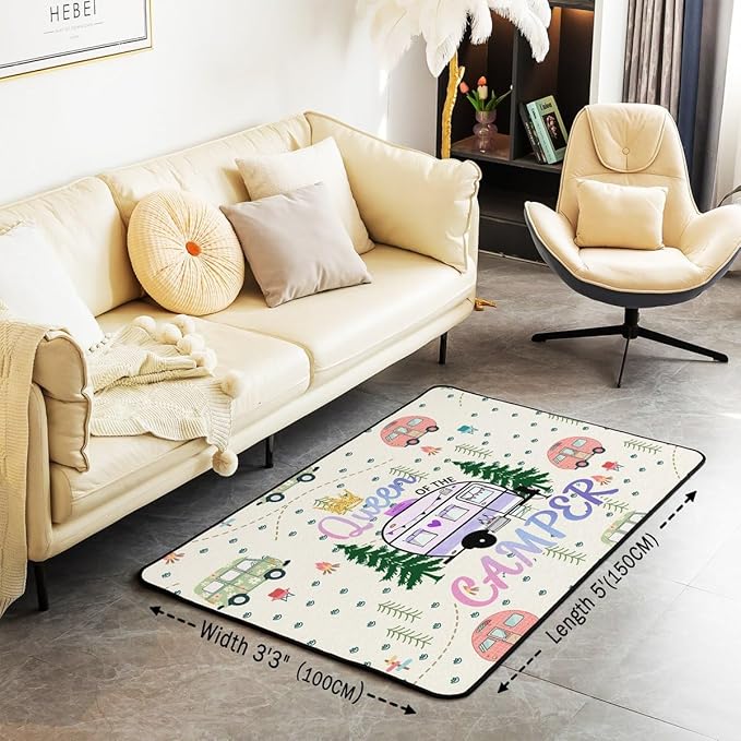 Erosebridal Happy Camping Area Rug 3x5 Camper Rug for Girls Kids Cartoon Spring RV Travel Campfire Carpet Romantic Purple Light Yellow Green Pink Trees Non Slip Accent Rug