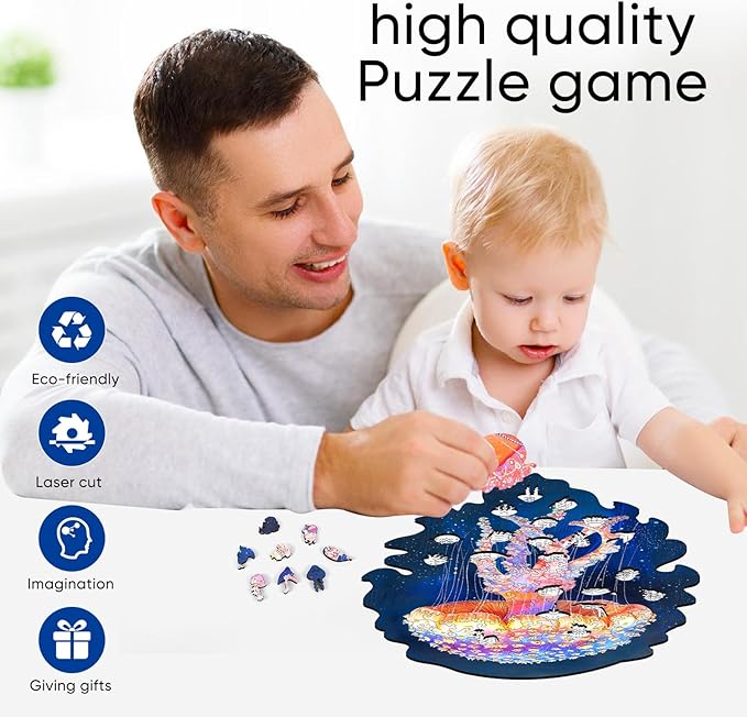 Wooden Puzzles for Adults, Jellyfish Jigsaw Puzzles 200 Pieces, Unique Shape Puzzles for Adults and Kids, 11.7 x 9 Inches Medium Size, Fun Challenging Puzzles Family Game
