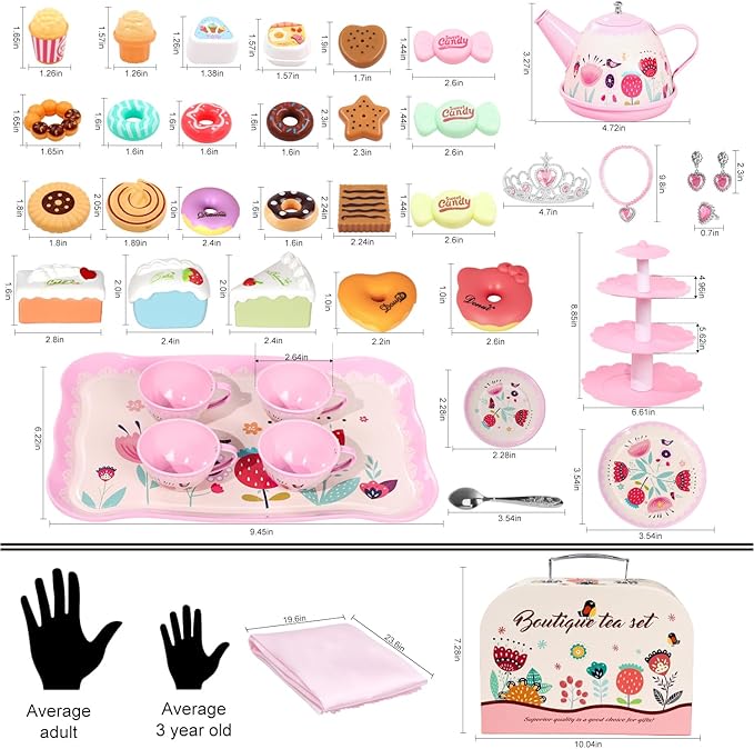 Tea Party Set for Little Girls, 49PCS Princess Tea Time Toys Including Tea Set Dessert Carrying Case, Kids Kitchen Pretend Playset, Montessori Toys for Toddlers 3 - 8 Year Old Girl Birthday Gifts