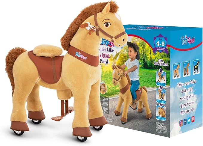PonyCycle Horse Ride on Pony Toys Riding Horses Rocking Horse Walking Essential Model E (with Brake/ 35.4" Height/Size 4 for Age 4-7) Boys and Girls Gifts Ride on Horse with Wheels Light Brown E436