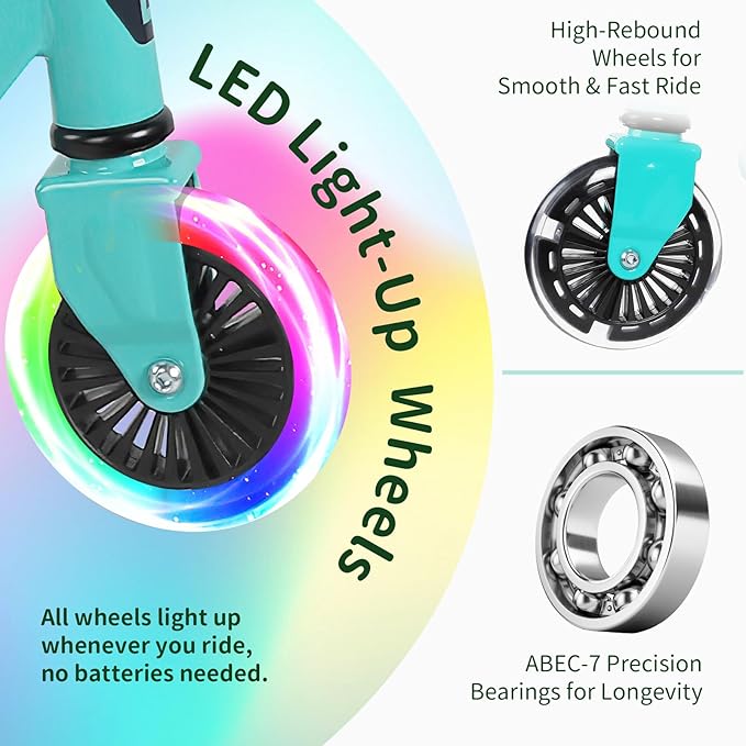 BELEEV V2 Scooters for Kids with Light-Up Wheels & Stem & Deck, 2 Wheel Folding Scooter for Girls Boys, 3 Adjustable Height, Non-Slip Pattern Deck, Lightweight Kick Scooter for Children Ages 3-12