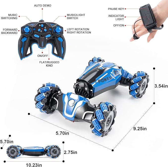 RC Stunt Car, 2.4GHz 4WD Drive Remote Controlled Gesture Sensor Toy Car, Hand Remote Control car with 360° Flipping Light and Music, Children's Toys for Boys and Girls Aged 5-13