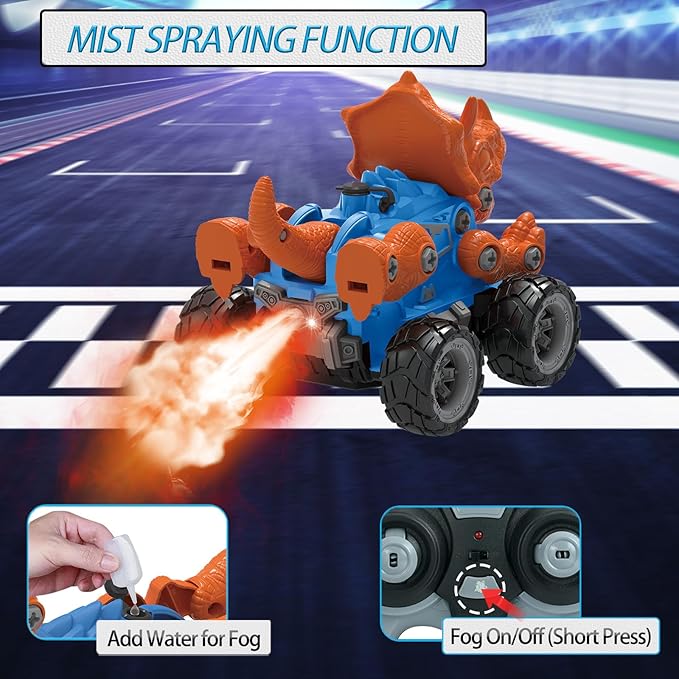 Remote Control Dinosaur Car, Monster Truck 2 Shapes Dino Replacement with Spray Mist Lights, Build a STEM Remote Control Monster Truck Car Building Toy Gifts