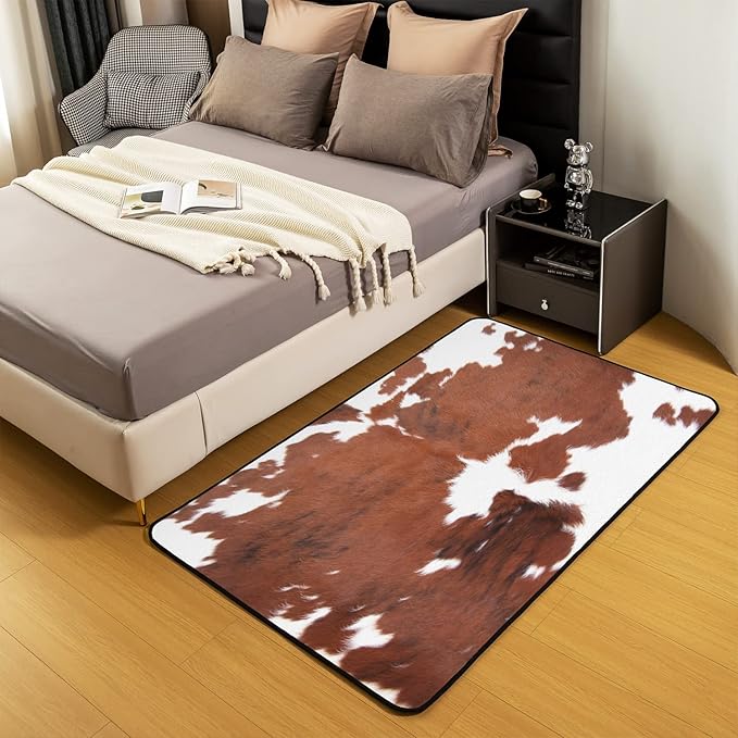 Erosebridal Cow Print Rug, Brown White Cowhide Area Rug 5x7, Farmhouse Animal Hair Carpet for Kids Teens Adult, Milk Western Cowboy Rustic Washable Decorative Rug for Living Room