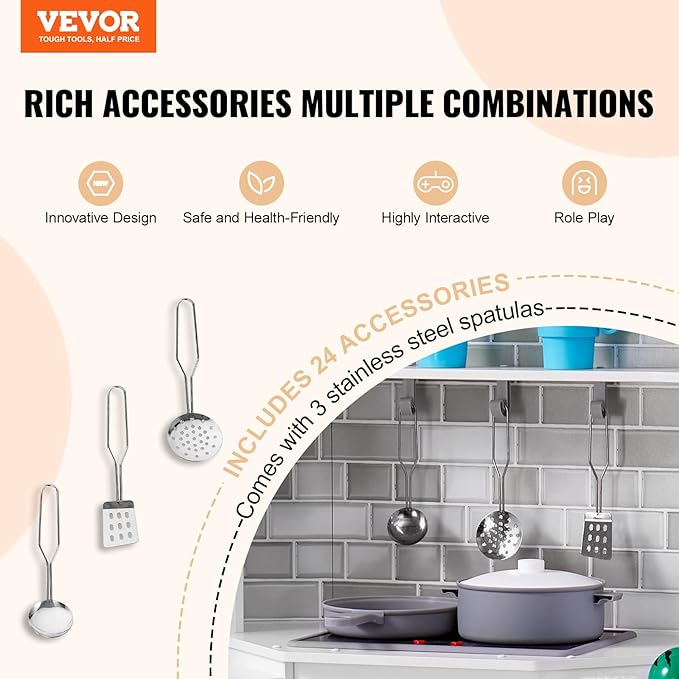 VEVOR Interactive Wooden Toy Play Kitchen Playset for Kids with Lights and Sounds, Corner Design with Ice Maker, Oven, Sink, Clock, Microwaves, Refrigerator and Accessories, for Girls & Boys, White