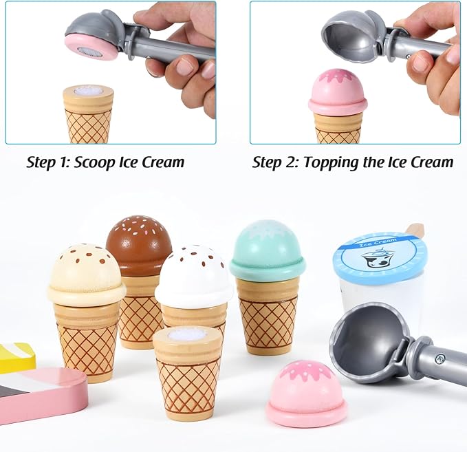 Wooden Ice Cream Toys Kids Play Store Pretend Toy for Toddlers, Play Kitchen Accessories with Scoop & Menu & Fake Money, Ideal Ice Cream Play Set Gifts for 3 4 5 6 7 8 Year Old Girls Boys