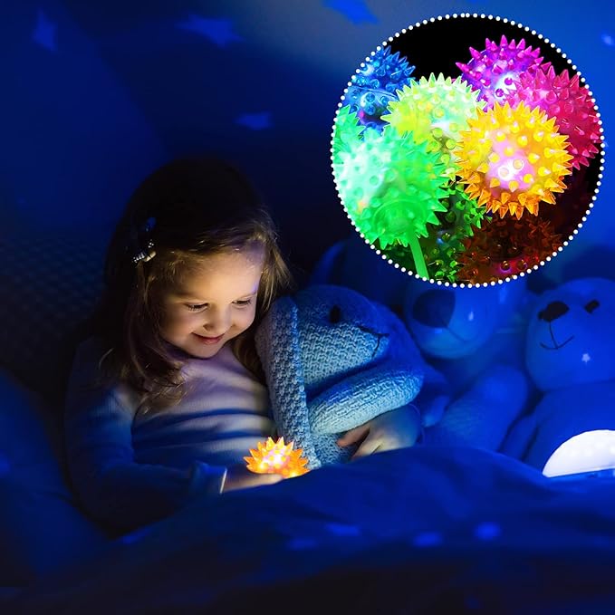 Sotiff 200 Pcs Light up Ball Spiky LED Bouncy Ball Flashing Squeaky Multicolor Puffer Toy Rubber Sensory Toy Carnival Prizes Bulk Party Favors for Teens, Adults, Children