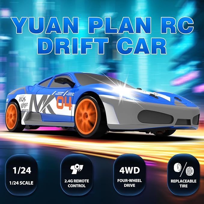 Remote Control Car RC Drift Car 2.4GHz 1:24 Scale 4WD 15KM/H High Speed, Rechargeable High Speed RC Cars with Cool Lights, Two Batteries and Extra Tires Toys for Kids