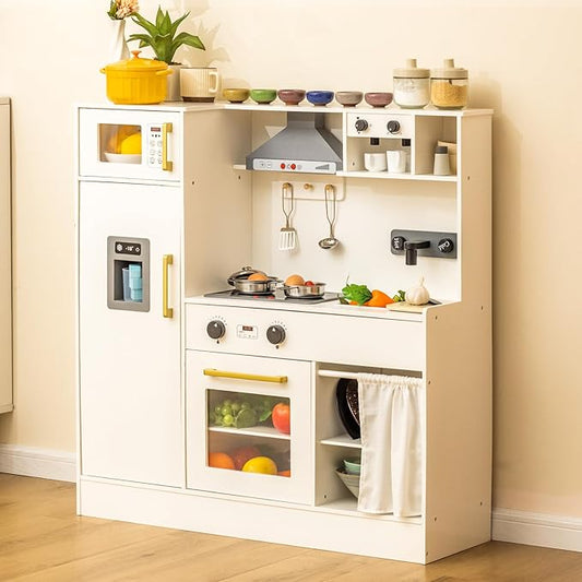 Deli Kids Kitchen Playset, Realistic Wooden Kitchen Playset for Toddlers & Kids with Lights, Sounds & Storage, Ideal Gift for Boys & Girls