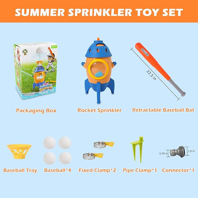 Rocket Water Sprinkler Baseball Toy, EKKBHKI 360° Rotating Water Toys for Kids Ages 4-8, Summer Water Toys for Boys and Girls, Kids Sprinkler for Yard & Lawn & Pool Party Game