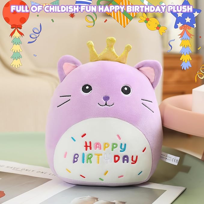 SQEQE Cat Stuffed Animal Kawaii Cat Plushie with Golden Crown Soft Kitty Stuffed Toy Birthday Party Decoration Gift for Kids Girls Boys(Purple Caticorn,14 Inch)