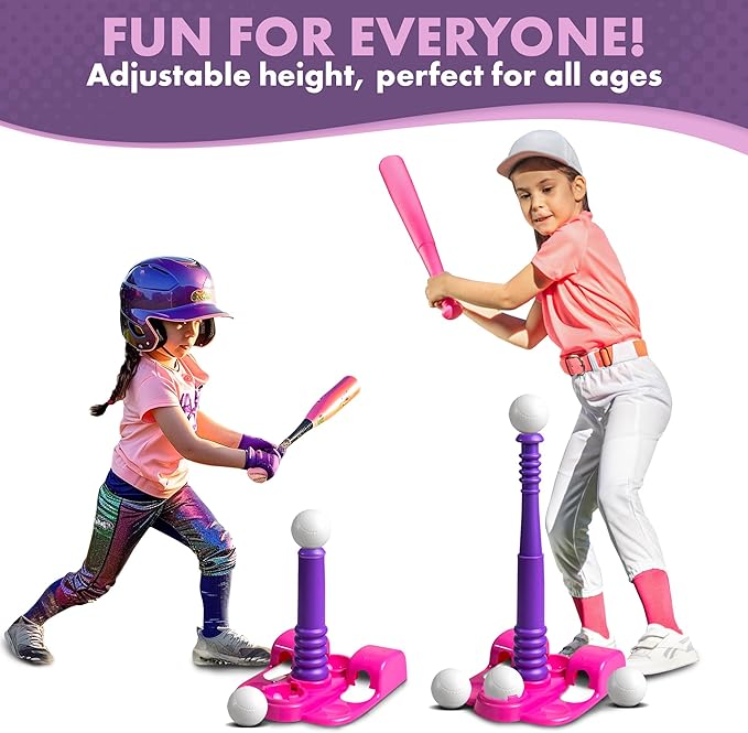T Ball Stand for Kids and Toddlers 1-3, 3-5, 5-8. Baseball Set Includes 6 Large Balls, an Adjustable Tball Batting Tee, and a Pitching Machine. Kids Bat and T-Ball Set