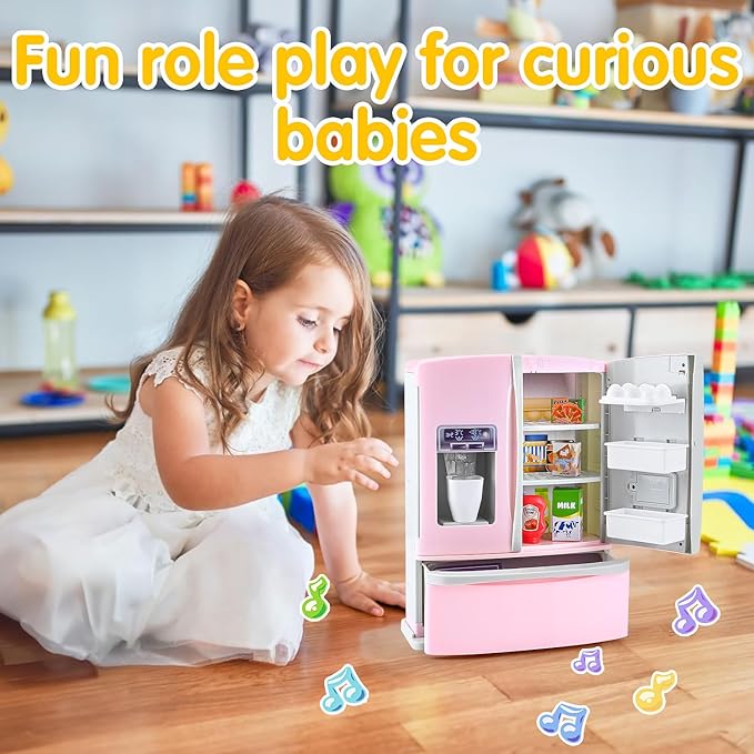 PLAY Kids Kitchen Refrigerator with Ice Dispenser, Pretend Kid Toy Fridge Kitchen Playset, Kitchen Appliance Accessories for Girl Boy Christmas Birthday Gift Age 3+, Pink