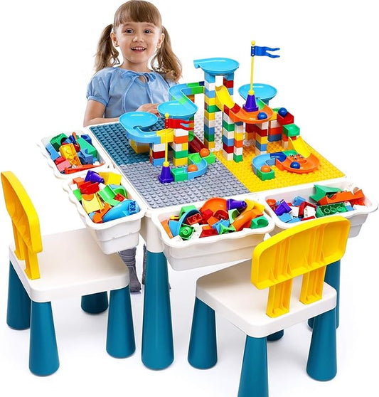 Kids Activity Table Toddlers Kids Table and Chair Set with 152Pcs Large Marble Run Building Blocks All in One Kids Play Water Tables Sand Tables, STEM Toys for Boys Girls 3 4 5 6 Year Old
