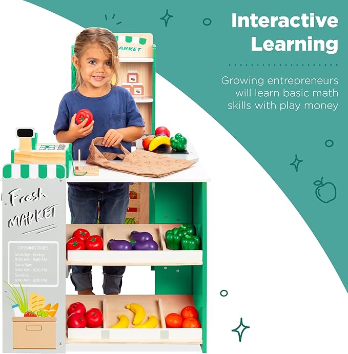 Best Choice Products Pretend Play Grocery Store Wooden Supermarket Toy Set for Kids w/Play Food, Chalkboard, Cash Register, Working Conveyor - Green