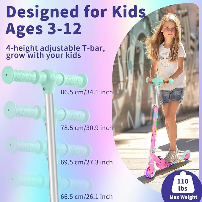 BELEEV V3 Scooter for Kids with Light-Up Wheels & Stem & Deck, 2 Wheel Folding Scooter for Girls Boys, 4 Adjustable Height, Lightweight Kick Scooter with Handy Kickstand for Children Ages 3-12