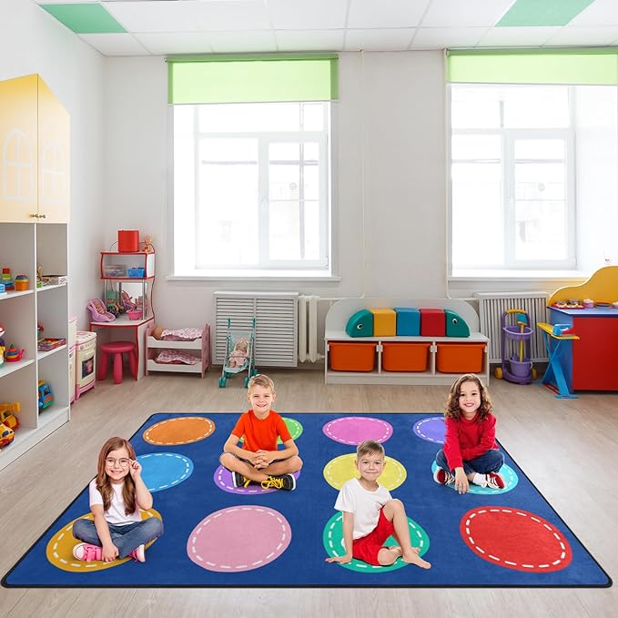 Classroom Carpets Playmat Rugs - 5x7 Ft Kids Rug with Rubber Backing, Colorful Circle on Blue Background Classroom Seating Rug Play Mat Nursery Rugs for Preschool Elementary Playroom -12 Seating