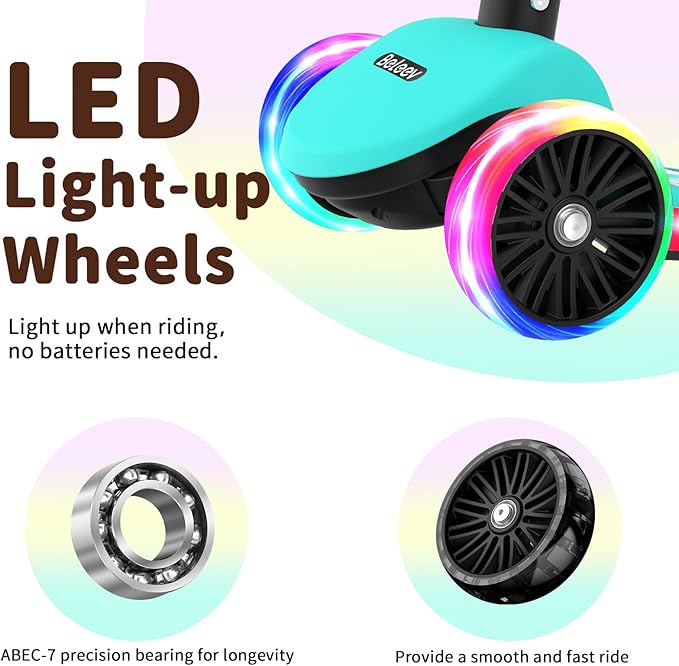 BELEEV A9 Kids Scooter with LED Light-Up Wheels & Deck, 3 Wheel Folding Scooter for Toddlers Girls Boys Ages 3-12, Adjustable Handlebar, Lean to Steer, Extra-Wide Wheels, Kick Scooter for Children