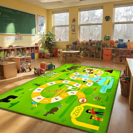 Classroom Rugs for Playroom, Preschool, Daycare Rug for Classroom, Large Learning Numbers Road Play Map Animal Safari Road Playtime Educational Area Rugs for Kids, Nursery(13'x7'7'', Green)