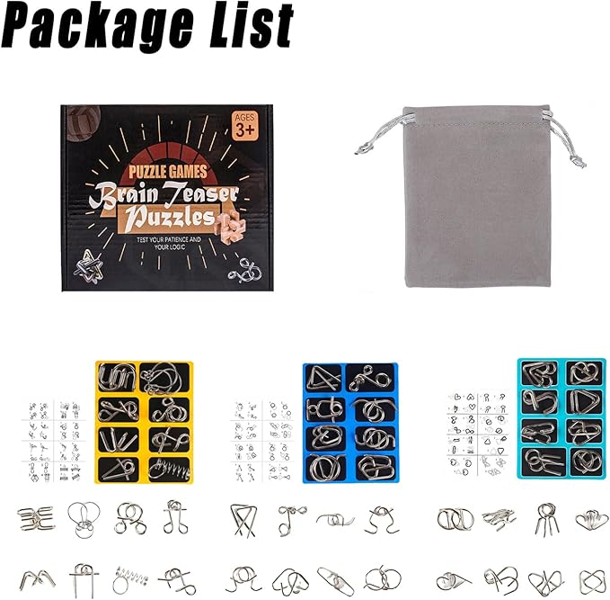 VolksRose 24pcs Brain Teaser Metal Wire Puzzles, Classical Mini Metal Puzzles Set, Mind Smart Game IQ Challenge Puzzle Games, Educational IQ Test Toy Lock Puzzle Gift for Adults Kids Teenagers
