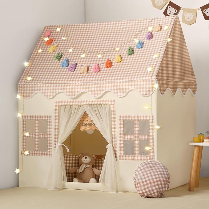 Kids Play Tent Indoor: with Brown Checkered, Mat, Rainbow Tissue Garland, Star Lights - Toddler Girl Tent Indoor Playhouse for Toddlers Kids Toys for Boy Girl Birthday Gift for Kids