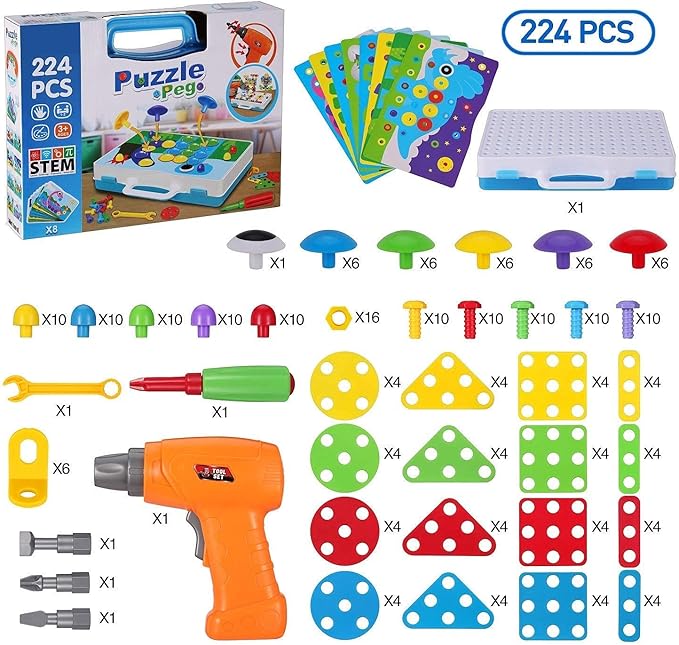 STEM Drill & Build Toy Set for Kids Ages 3-8 | 224-Piece Building Kit with Electric Toy Drill, Screwdriver, Pegboard | Educational Construction Toys for Boys Girls | Gift for Birthdays