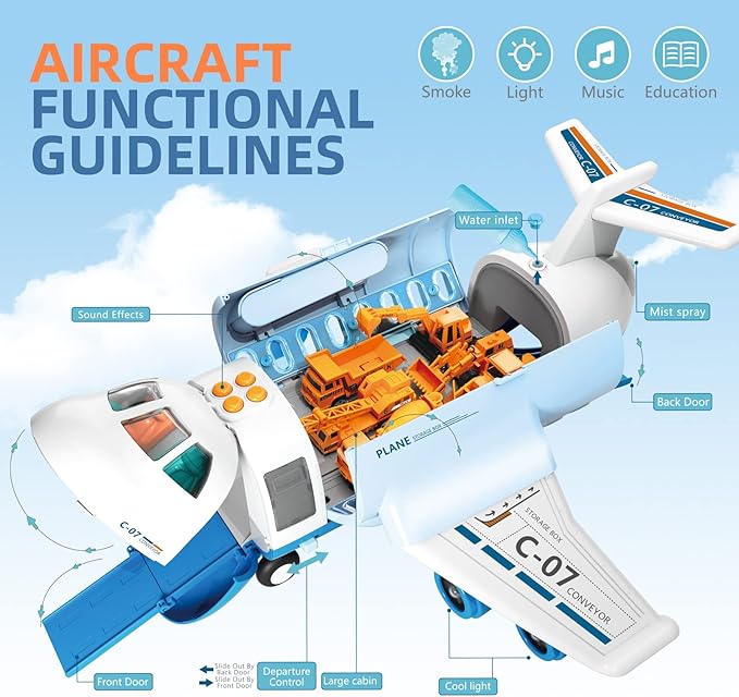 Transport Cargo Airplane, Large Theme Airplane Toy Set, Educational Toy Vehicle Play Set with Smoke Sound and Light, Fricton Powered Plane with Mini Cars and Men, Birthday Gift for Boys and Girls