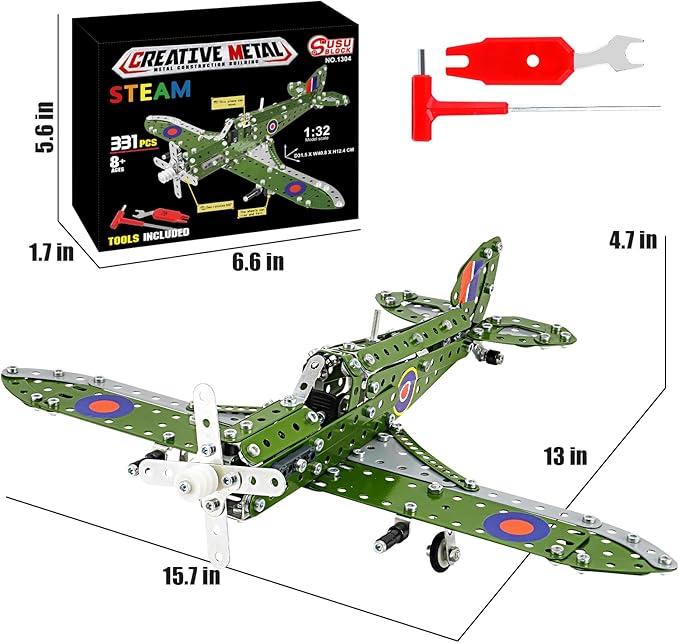 Model Airplane, Erector Set 1:32 Scale Airplane Model Metal Toys, STEM Projects for Kids Ages 8-12, DIY Education Airplane Metal Model Kits