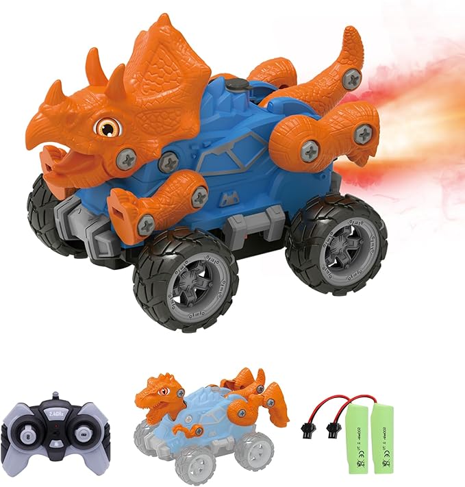 Remote Control Dinosaur Car, Monster Truck 2 Shapes Dino Replacement with Spray Mist Lights, Build a STEM Remote Control Monster Truck Car Building Toy Gifts