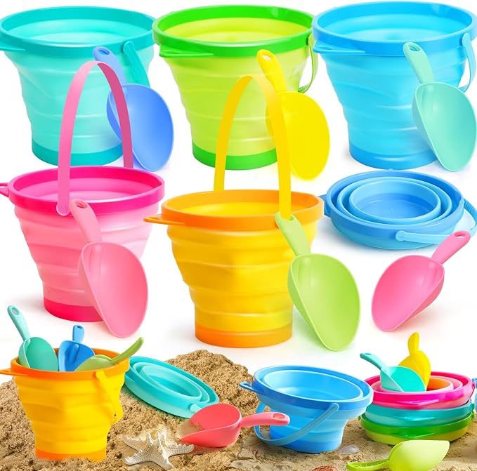 TOY Life Beach Toys for Kids Ages 4-8 Collapsible Sand Toys Toddlers with Silicone Bucket Shovels & Sand Castle Building Kit Molds, Sandbox Toy Travel, Beach Party, Fishing, Summer Activities
