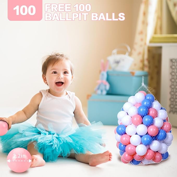 Foam Ball Pit for Toddlers with 100 Balls, Large Baby Ball Pit for Babies with Soft Memory Sponge, Indoor Outdoor Baby Playpen, Kids Play Ball Pool (Pink with 100 Balls, 34 x 11.5 Inch)