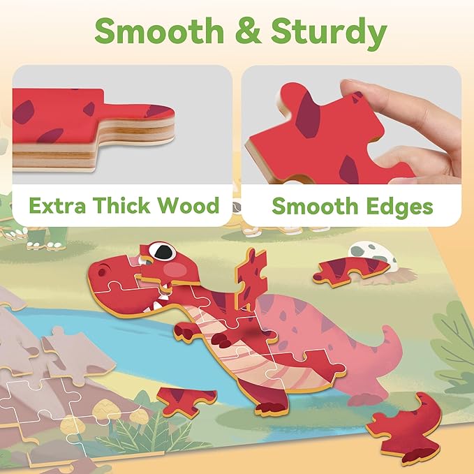 iPlay, iLearn Floor Puzzle for Kids Ages 3-5 4-6, Dinosaur Jigsaw Puzzle, 52Pcs Wooden Jumbo Dino Animal Puzzles Game, Toddler Educational Learning Toy, Preschool Birthday Gifts for Boy Girl Child