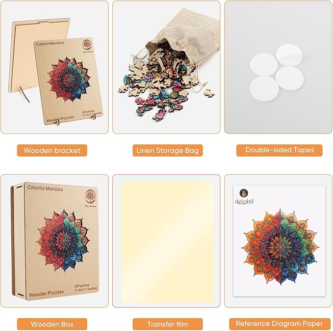 Colorful Mandala Wooden Puzzles for Adults, 200 Piece Unique Shaped Wood Jigsaw Puzzles for Adults and Kids, Fun Challenging Puzzles Family Game Gift, Medium 11.4'' x 11.1''