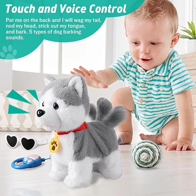 Husky Walking Barking Dog for Kids Interactive Musical Puppy Robot Repeats What You Say, Realistic Licking Tongue Wagging Tail Remote Control Toddler Toys for Girls and Boys Birthday Gifts