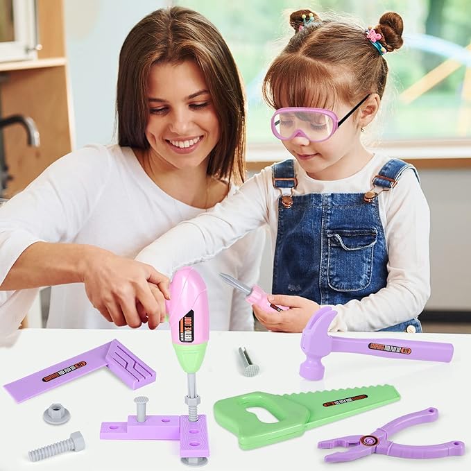 Kids Tool Set - Toddler Tool Playset with Toy Drill, Toy Tool Box, Construction Tools - Pretend Play Toddler Girl Toys Gifts for Toddlers Kids Aged 3 4 5 6 (Pink Tools)