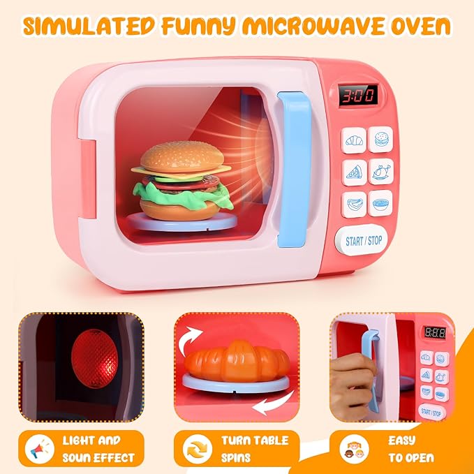 Microwave Kitchen Play Set with Light Sound for Kids with Pretend Fake Food and 6 Color DIY Play-Dough Clay Great for Toddlers 3 and Older Grils and Boys (Pink)