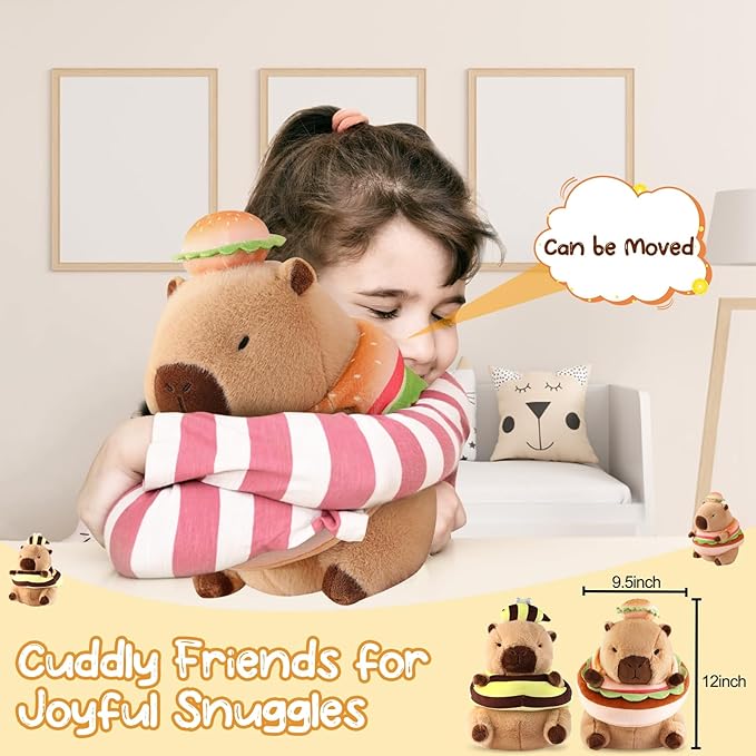 Capybara Plush Toy Kawaii Stuffed Animals with Hamburger Costume Soft Cute Plushies Capybara Doll for Girls Boys Kids Birthday Valentine Gift Room Decor 12 Inch