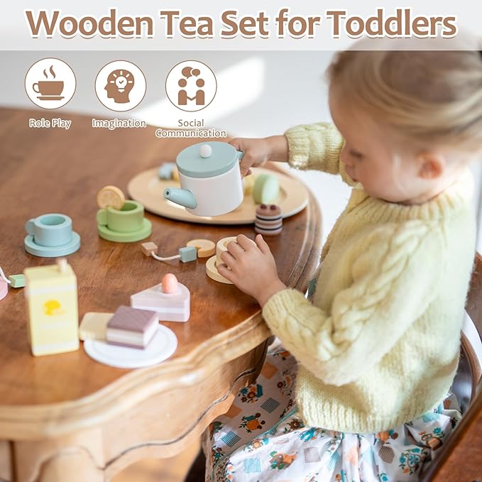 Wooden Tea Party Set for Little Girls, 34 PCS Wooden Tea Set for Toddlers 3-5, Pretend Play Kids Wood Tea Set Toy, Play Kitchen Accessories with Play Food, Improve Imagination